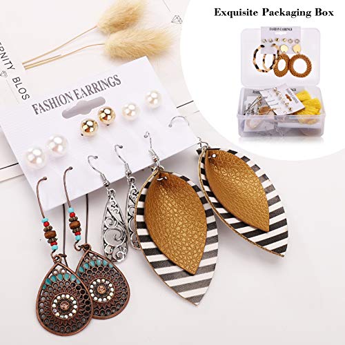 47 Pairs Fashion Earrings for Women Girls, Boho Statement Tassel Rattan Leather Earrings Butterfly Acrylic Hoop Stud Drop Dangle Earrings Set, Hypoallergenic for Sensitive Ears