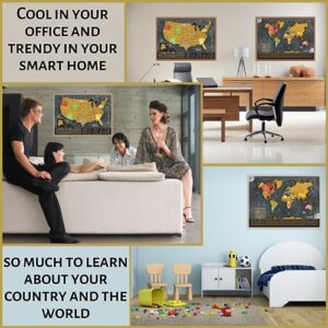 Scratch Off World Map Poster - 17x24 inches - Bonus United States Map. Detailed outlined States, flags/capitals/populations/landmarks/monuments/time zones; full Accessories Set & Name-tag Gift Box