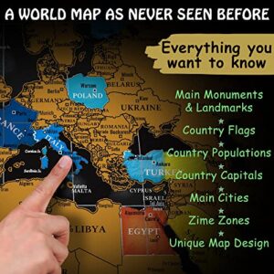 Scratch Off World Map Poster - 17x24 inches - Bonus United States Map. Detailed outlined States, flags/capitals/populations/landmarks/monuments/time zones; full Accessories Set & Name-tag Gift Box