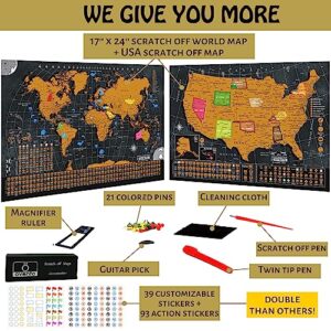 Scratch Off World Map Poster - 17x24 inches - Bonus United States Map. Detailed outlined States, flags/capitals/populations/landmarks/monuments/time zones; full Accessories Set & Name-tag Gift Box