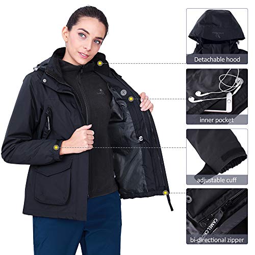 CAMEL CROWN Womens Waterproof Ski Jacket 3-in-1 Windbreaker Winter Coat Fleece Inner for Rain Snow Hiking Outdoor Black