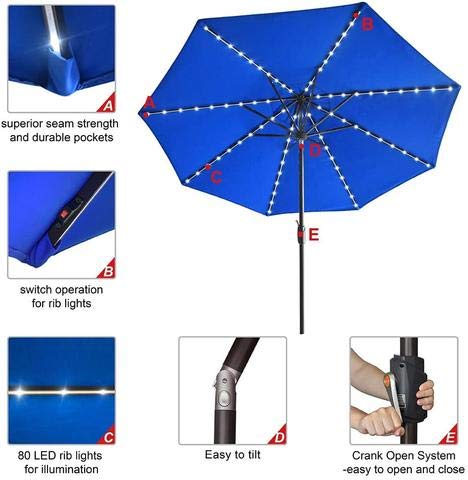 Ezone 9FT Outdoor Patio Umbrella with Solar Lights and Tilt Function, Solar Umbrella for Backyard and Patio with Tilt Adjustment