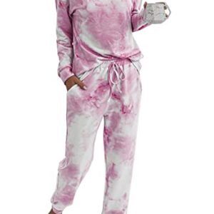 PRETTYGARDEN Women's Tie Dye Two Piece Tracksuit Set Long Sleeve Sweatshirt with Long Pants (Pink,Small)