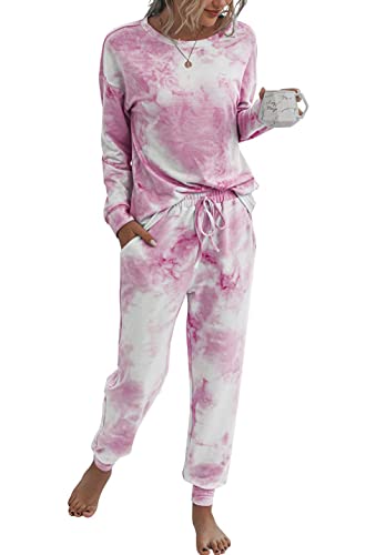 PRETTYGARDEN Women's Tie Dye Two Piece Tracksuit Set Long Sleeve Sweatshirt with Long Pants (Pink,Small)