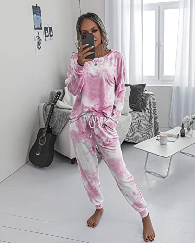 PRETTYGARDEN Women's Tie Dye Two Piece Tracksuit Set Long Sleeve Sweatshirt with Long Pants (Pink,Small)