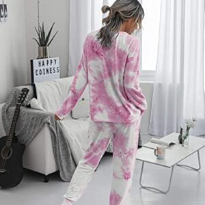 PRETTYGARDEN Women's Tie Dye Two Piece Tracksuit Set Long Sleeve Sweatshirt with Long Pants (Pink,Small)