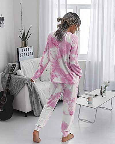 PRETTYGARDEN Women's Tie Dye Two Piece Tracksuit Set Long Sleeve Sweatshirt with Long Pants (Pink,Small)