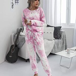 PRETTYGARDEN Women's Tie Dye Two Piece Tracksuit Set Long Sleeve Sweatshirt with Long Pants (Pink,Small)