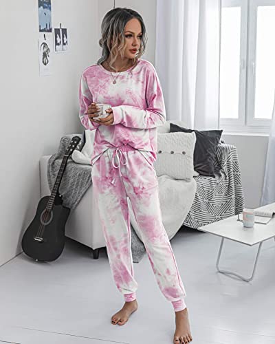 PRETTYGARDEN Women's Tie Dye Two Piece Tracksuit Set Long Sleeve Sweatshirt with Long Pants (Pink,Small)