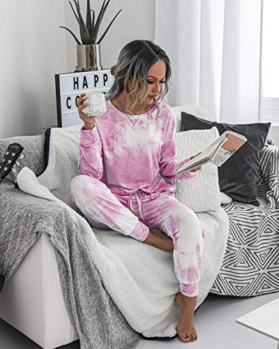 PRETTYGARDEN Women's Tie Dye Two Piece Tracksuit Set Long Sleeve Sweatshirt with Long Pants (Pink,Small)