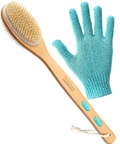 FREEDOM GOODS Back Scrubber for Shower (Dual Sided), Long Handled Shower Brush, Dry Brushing Body Brush (Hard and Soft Bristles), Body Scrubber Shower and Bath Brush with Exfoliating Glove Men Women