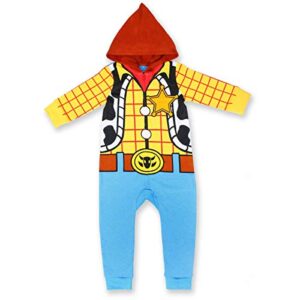 disney toy story woody or buzz lightyear boys’ hooded romper for newborn, infant and toddler – blue/yellow or white