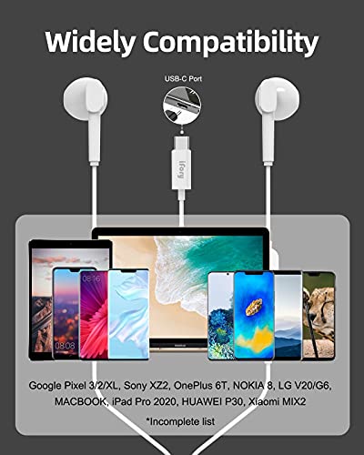 USB C Earphones, iFory HiFi Stereo Type C Earbuds Stereo in-Ear Earbud USB C Headphones with Mic and Volume Control Compatible with Google Pixel 3/2/XL, Sony XZ2, iPad Pro White