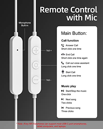 USB C Earphones, iFory HiFi Stereo Type C Earbuds Stereo in-Ear Earbud USB C Headphones with Mic and Volume Control Compatible with Google Pixel 3/2/XL, Sony XZ2, iPad Pro White