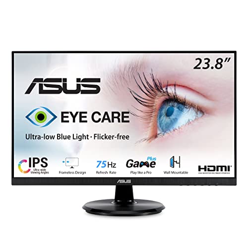 ASUS VA24DQ 23.8” Monitor, 1080P Full HD, 75Hz, IPS, Adaptive-Sync/FreeSync, Eye Care, HDMI DisplayPort VGA, Frameless, VESA Wall Mountable ,BLACK