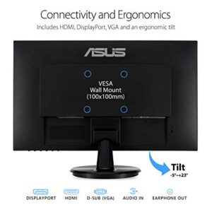 ASUS VA24DQ 23.8” Monitor, 1080P Full HD, 75Hz, IPS, Adaptive-Sync/FreeSync, Eye Care, HDMI DisplayPort VGA, Frameless, VESA Wall Mountable ,BLACK