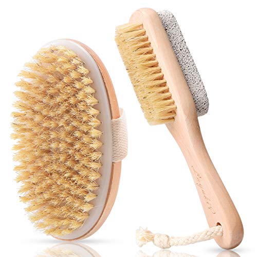 LAYUKI Body Brush for Dry or Wet Brushing and 2-Sided Foot File Scrubber Set, Body Scrubber for Bath or Shower, Exfoliating Skin, Cellulite Treatment, Foot File Scrubber with Pumice Stone