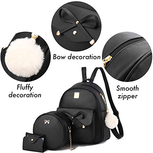 I IHAYNER Girls Bowknot 3-Pieces Fahsion Leather Backpack Backpack Purse for Women Rucksack for Ladies Shoulder Bag Black