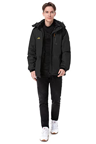 Men's Mountain Waterproof Ski Jacket Windproof Rain Jacket Winter Warm Snow Coat II with Removable Hood U120WCFY028,Black,S