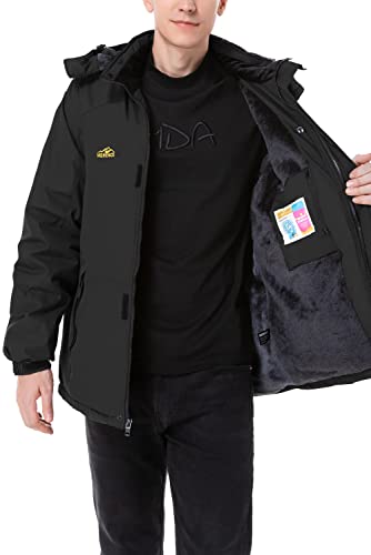 Men's Mountain Waterproof Ski Jacket Windproof Rain Jacket Winter Warm Snow Coat II with Removable Hood U120WCFY028,Black,S