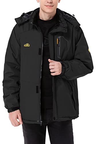 Men's Mountain Waterproof Ski Jacket Windproof Rain Jacket Winter Warm Snow Coat II with Removable Hood U120WCFY028,Black,S