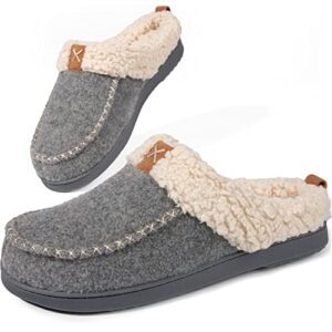 longbay women's wool felt sherpa memory foam slippers with plush fleece lining slip on moc clogs indoor or outdoor (x-large / 11-12, gray)