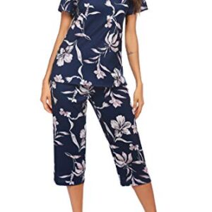 Ekouaer Ladies Pajamas Two Pieces Floral Printed Short Sleeves Shirt Set Capri Pants Sleepwear with Button PJS Sets Navy Blue S
