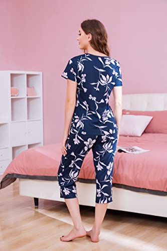 Ekouaer Ladies Pajamas Two Pieces Floral Printed Short Sleeves Shirt Set Capri Pants Sleepwear with Button PJS Sets Navy Blue S