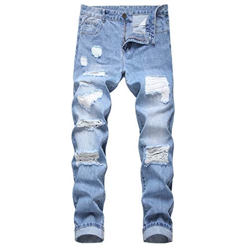 DANT BULUN Men's Ripped Distressed Destroyed Slim Fit Straight Leg Denim Jeans (38, Light BlueLY005)