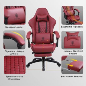 Dowinx Gaming Chair Office Desk Chair with Massage Lumbar Support, Vintage Style Armchair PU Leather E-Sports Gamer Chairs with Retractable Footrest (Red)