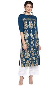 janasya indian women's turquoise blue poly crepe kurta(jne3457-kr-xl)