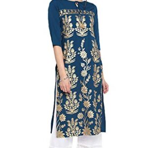 Janasya Indian Women's Turquoise Blue Poly Crepe Kurta(JNE3457-KR-XL)