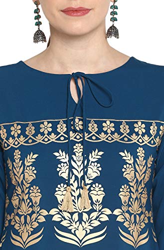 Janasya Indian Women's Turquoise Blue Poly Crepe Kurta(JNE3457-KR-XL)