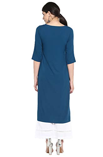 Janasya Indian Women's Turquoise Blue Poly Crepe Kurta(JNE3457-KR-XL)