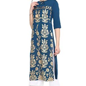 Janasya Indian Women's Turquoise Blue Poly Crepe Kurta(JNE3457-KR-XL)