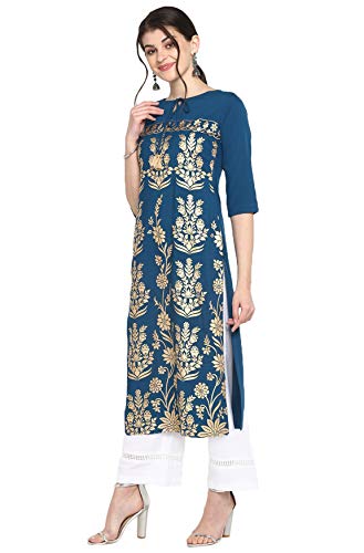 Janasya Indian Women's Turquoise Blue Poly Crepe Kurta(JNE3457-KR-XL)