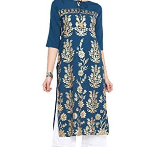 Janasya Indian Women's Turquoise Blue Poly Crepe Kurta(JNE3457-KR-XL)