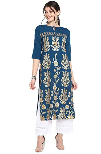 Janasya Indian Women's Turquoise Blue Poly Crepe Kurta(JNE3457-KR-XL)