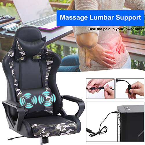 PC Gaming Chair Ergonomic Office Chair Massage Desk Chair with Lumbar Support Arms Headrest High Back PU Leather Racing Chair Rolling Swivel Executive Adjustable Computer Chair for Women Adults(Camo)