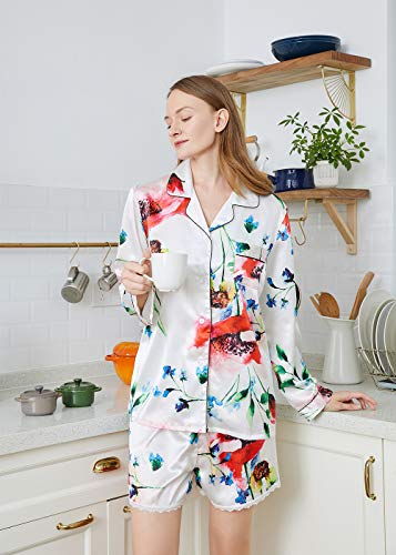 Escalier Womens 5pcs Silk Satin Pajama Set Floral Cami Pjs Sleepwear Button Down Pj Sets Loungewear White