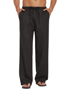 coofandy men's linen casual pants summer spring beach jog elastic waist trousers a- black
