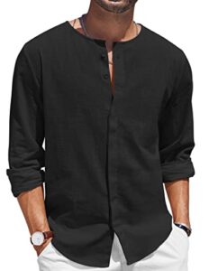 coofandy men fashion banded collar linen shirts button-up yoga shirts(black, large)