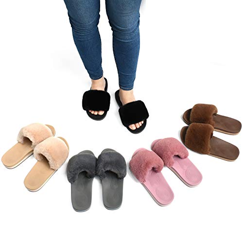 COFACE Womens Sliders Plush House Slippers Flat Sandals For Women Memory Foam Fuzzy Open Toe Slippers With Arch Support Anti Skid Ladies Slip On Fur Slide House Shoes Mules Indoor Outdoor