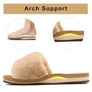 COFACE Womens Sliders Plush House Slippers Flat Sandals For Women Memory Foam Fuzzy Open Toe Slippers With Arch Support Anti Skid Ladies Slip On Fur Slide House Shoes Mules Indoor Outdoor