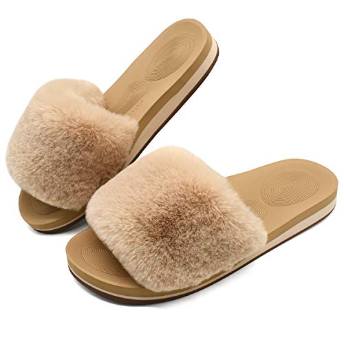 COFACE Womens Sliders Plush House Slippers Flat Sandals For Women Memory Foam Fuzzy Open Toe Slippers With Arch Support Anti Skid Ladies Slip On Fur Slide House Shoes Mules Indoor Outdoor