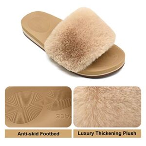 COFACE Womens Sliders Plush House Slippers Flat Sandals For Women Memory Foam Fuzzy Open Toe Slippers With Arch Support Anti Skid Ladies Slip On Fur Slide House Shoes Mules Indoor Outdoor