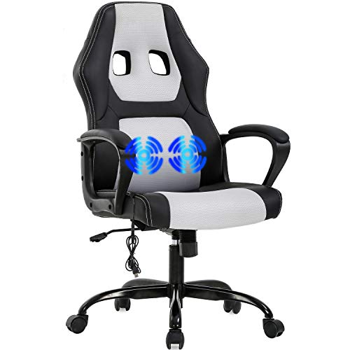 Gaming Chair Office Chair Desk Chair Massage Ergonomic PU Leather Racing Chair with Lumbar Support Headrest Armrest Task Rolling Swivel Computer Chair for Women Adults Girls(White)