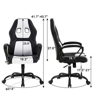 Gaming Chair Office Chair Desk Chair Massage Ergonomic PU Leather Racing Chair with Lumbar Support Headrest Armrest Task Rolling Swivel Computer Chair for Women Adults Girls(White)