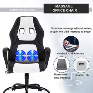 Gaming Chair Office Chair Desk Chair Massage Ergonomic PU Leather Racing Chair with Lumbar Support Headrest Armrest Task Rolling Swivel Computer Chair for Women Adults Girls(White)