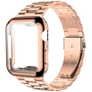 iiteeology compatible with apple watch band 44mm se/series 6 5 4, upgraded stainless steel link replacement band with iwatch screen protector case rose gold